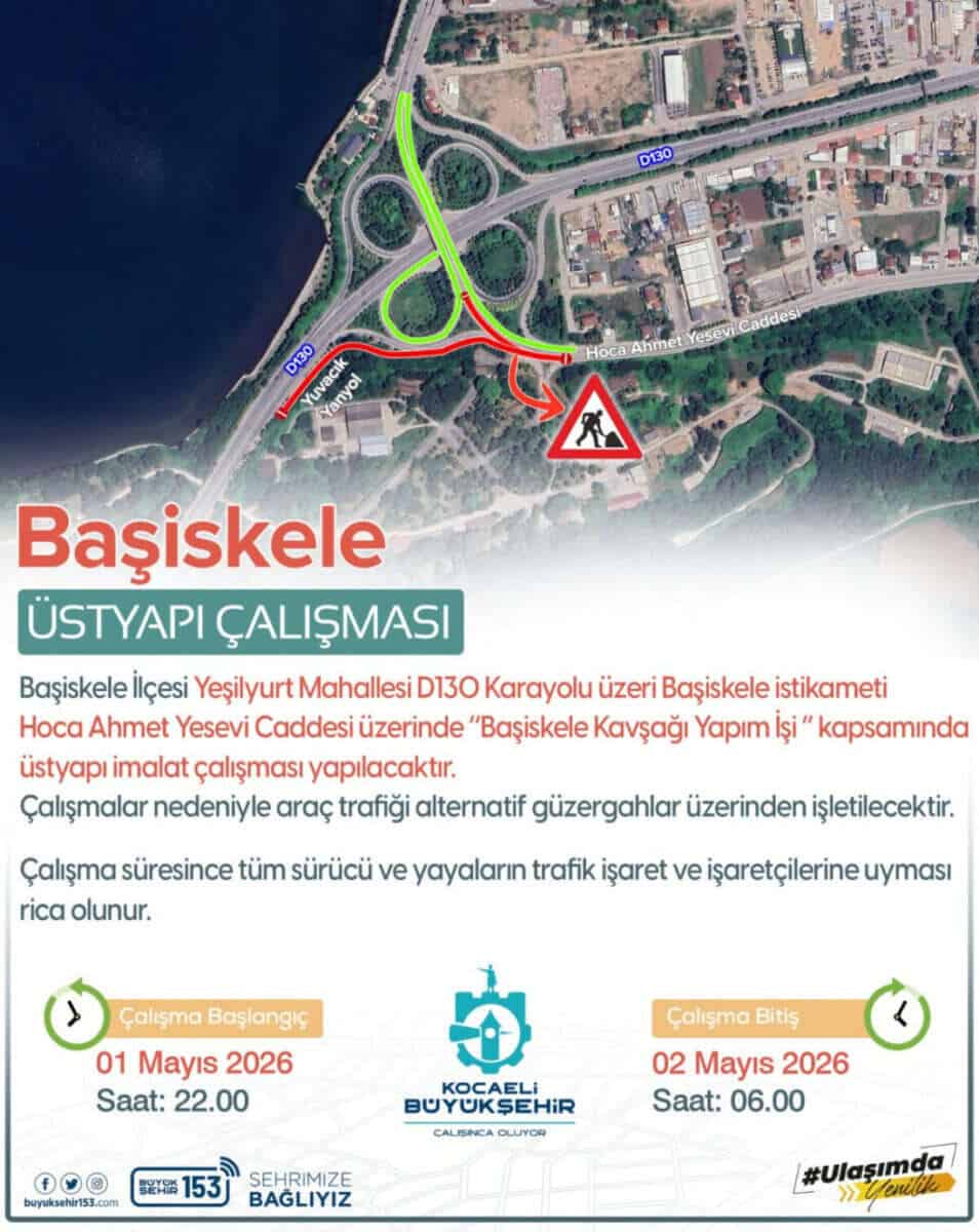 Başiskele D-130 Karayolu'nda Üstyapı Çalışması Nedeniyle Geçici Trafik Kapanışı 1-2 Mayıs'ta Uygulanacak